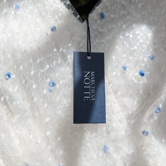 Marchesa Notte NWT - white ruffle dress with embroidered light blue polka dots - Picture 3 of 7